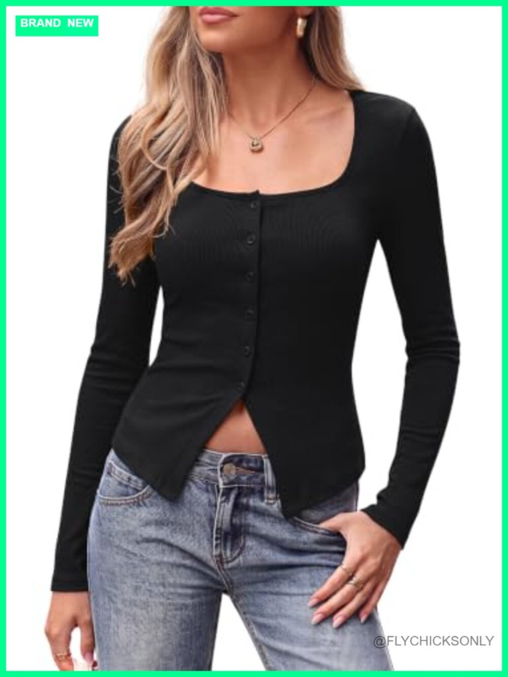 Women Ribbed Long Sleeve Button Cardigan Tops Square Neck